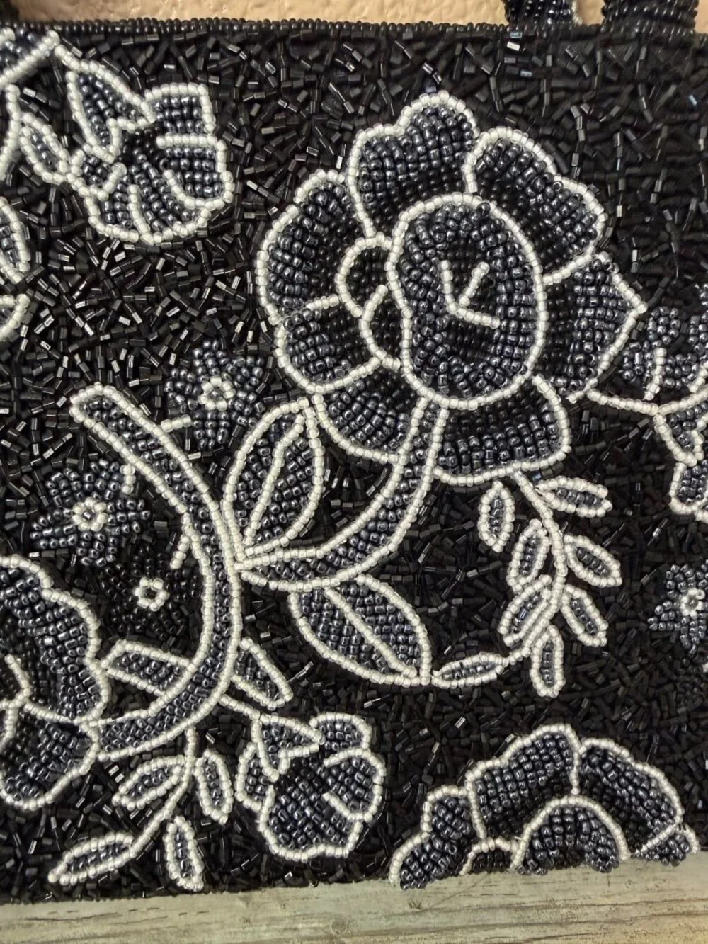 Vintage Black White Beaded Floral Evening Bag Top Handle Cocktail Purse - Picture 3 of 13